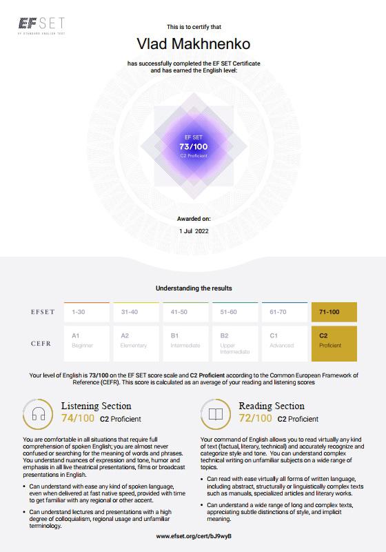 English EF SET certificate